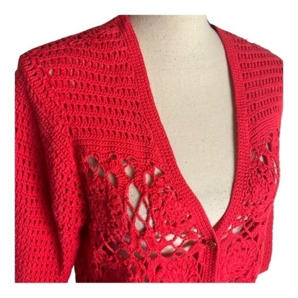 Vintage Liz Claiborne New York Red Crochet Knitted Cardigan Size L - Picture 8 of 8